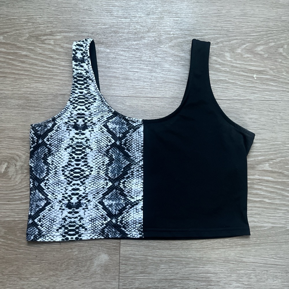 Snakeskin and Black Asymmetrical Crop Top
